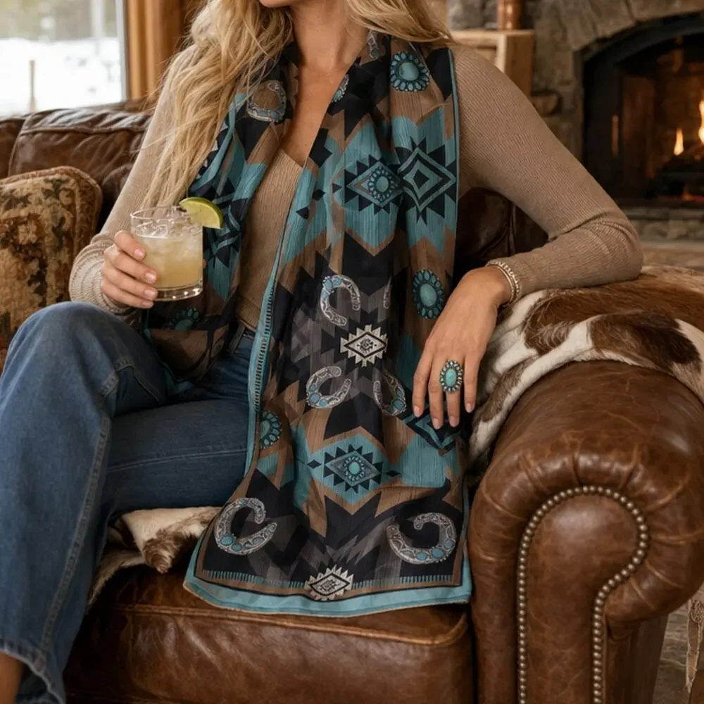 Aztec Print Square Silky Wild Rag | Teal/Mocha
